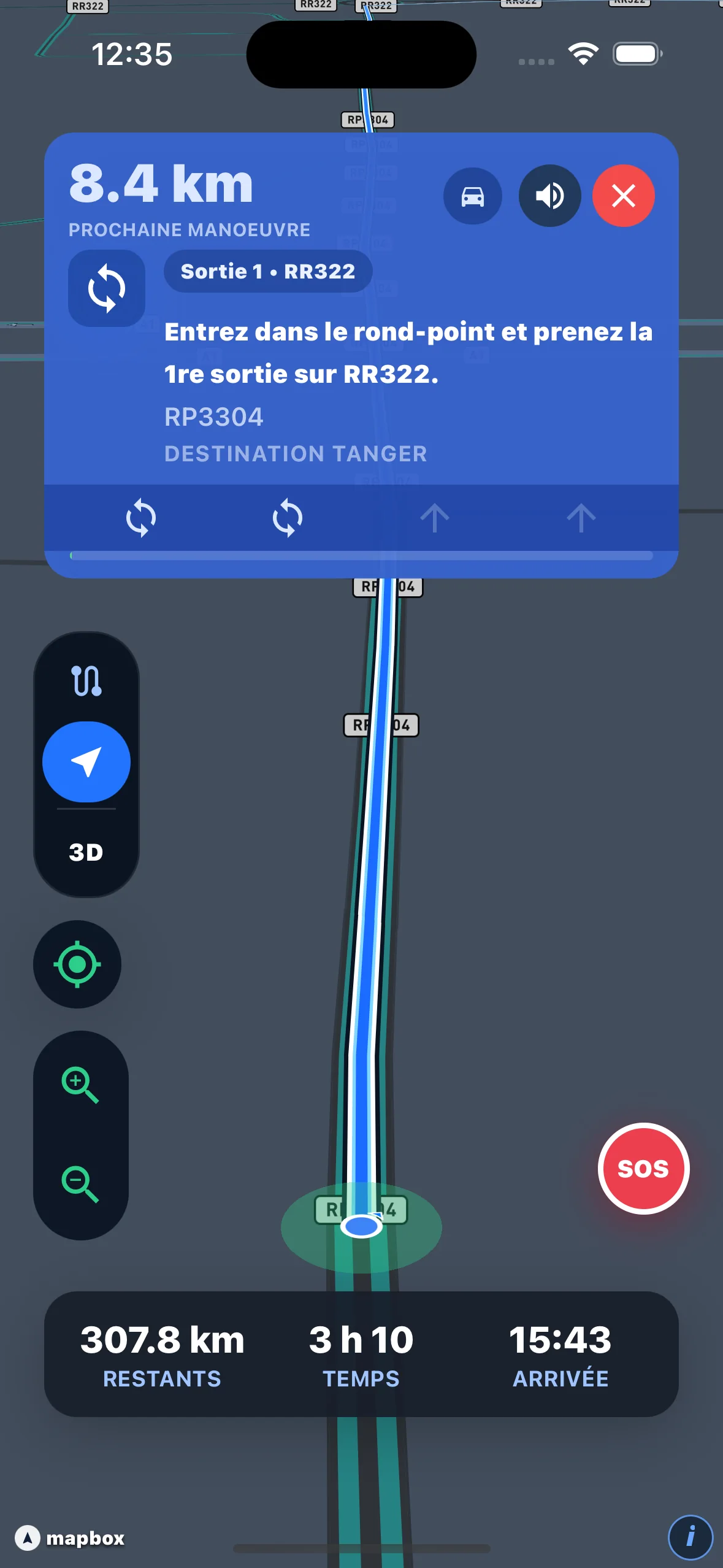 Guidage 3D réel dans l’application TreekSalama avec le véhicule positionné sur la route